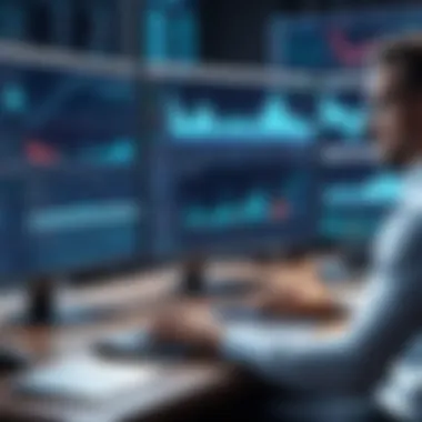 Trader Analyzing Options Performance A trader analyzing reports and data on options performance through software tools.