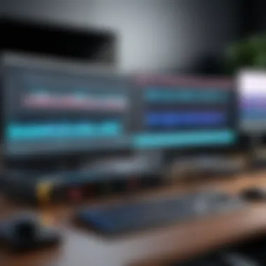 Professional audio editing workspace with equipment