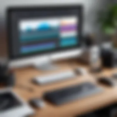 Organized Video Editing Workspace A well-organized workspace with a computer and video editing equipment.