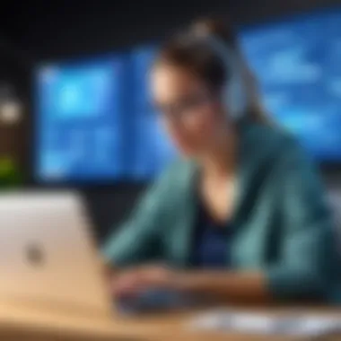 A user navigating an online course on a laptop with a focused expression