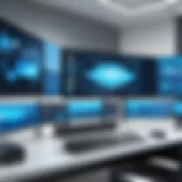 A futuristic remote desktop setup showcasing multiple screens and advanced technology.