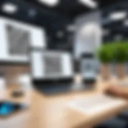 A modern office space featuring QR codes on various devices