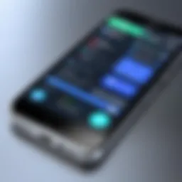 A close-up view of a modern cell phone with tracking software interface displayed.